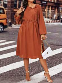 Celure Plus Asymmetrical Neck Lantern Sleeve Dress - Redwood - View 7
