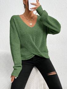 SHEIN Frenchy 前扭結落肩袖套頭毛衣 - 綠色 - 查看 1