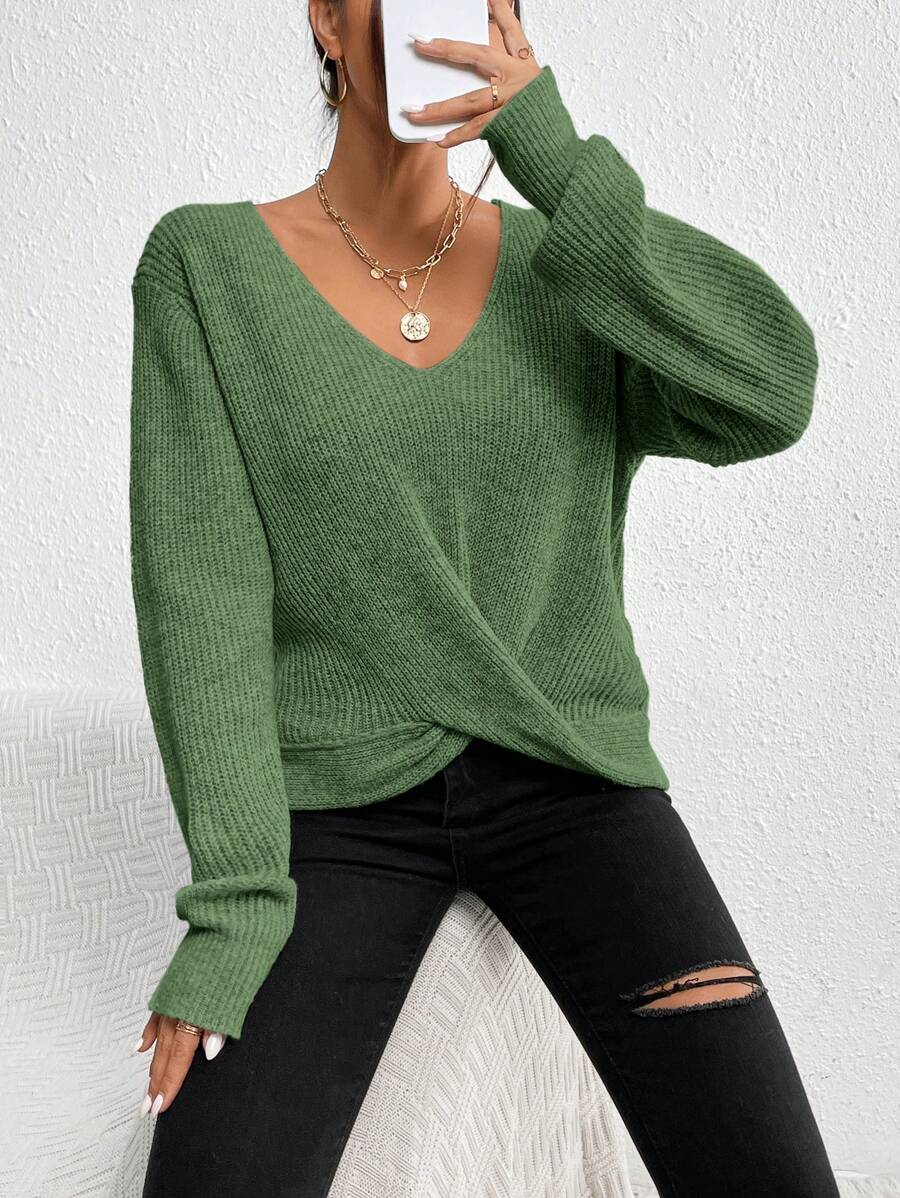 SHEIN Frenchy 前扭結落肩袖套頭毛衣 - 綠色 - 查看 1