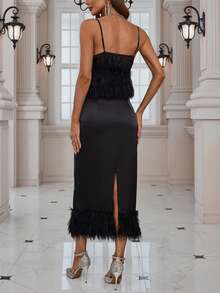 SHEIN Clasi 毛茸邊緞面吊帶上衣&半身裙 - 黑色 - 查看 2