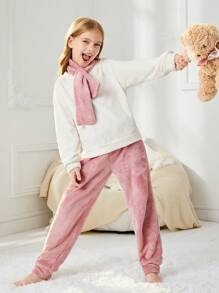 SHEIN 女大童素色法蘭絨上衣和褲子&圍巾 - 粉色 - 查看 6