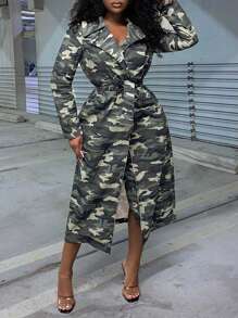 Slaydiva Camo Print Belted Longline Coat - Army Green - View 3