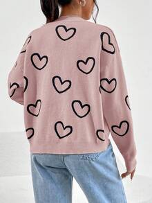 SHEIN Frenchy Heart Pattern Drop Shoulder Cardigan - Pink - View 2