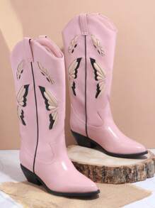 SHUZIA Embroidery Detail Western Boots - Pink - View 2