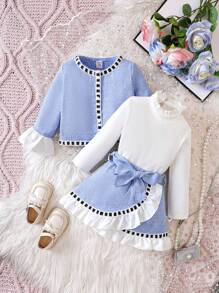 女嬰拼接邊夾克&喇叭袖上衣和裙子 - 藍色 - 查看 3