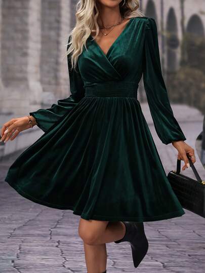 SHEIN Clasi Surplice Neck Lantern Sleeve Velvet Dress