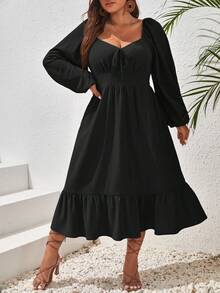 SHEIN VCAY 大碼雞心領口燈籠袖荷葉邊洋裝 - 黑色 - 查看 3