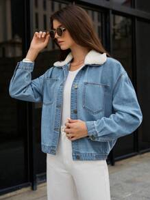 SHEIN Frenchy Borg Collar Drop Shoulder Denim Jacket Winter - Dark Wash - View 2