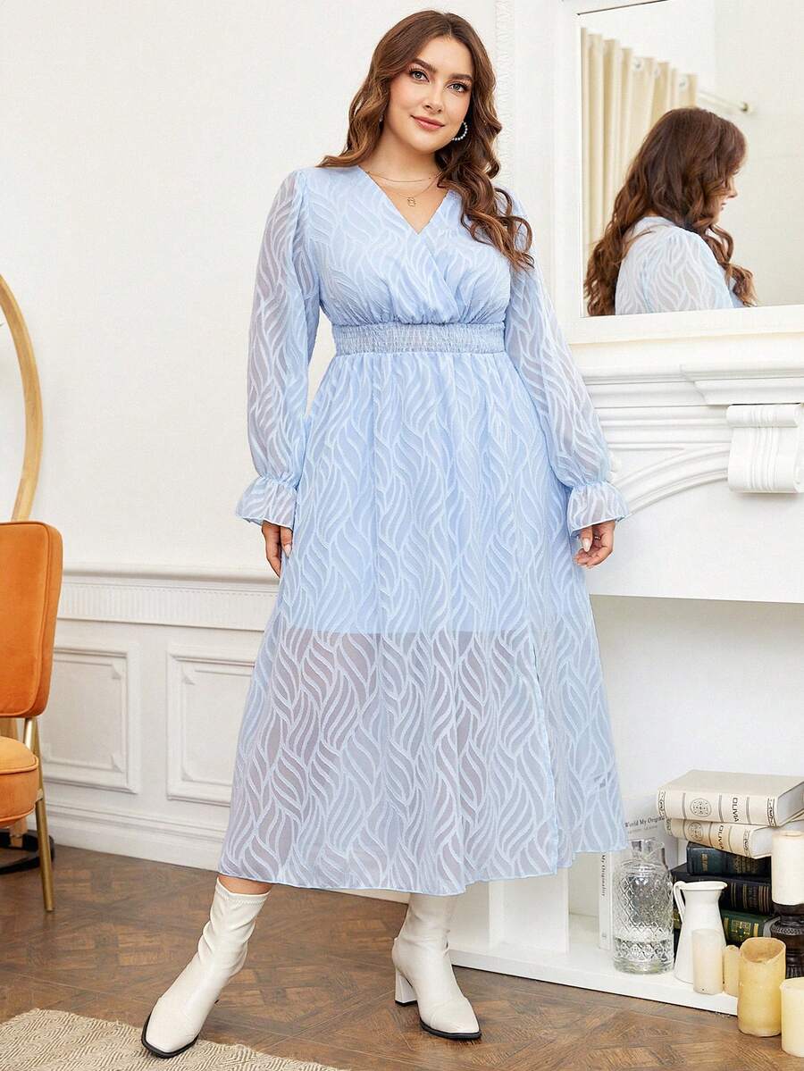 SHEIN Franclia Plus Surplice Neck Flounce Sleeve Dress - Blue - View 1