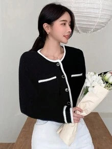 DAZY Viền tương phản Nút phía trước Áo len Mở - màu đen - Xem 3