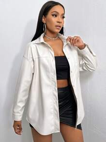 Slaydiva Drop Shoulder PU Leather Blouse - White - View 5