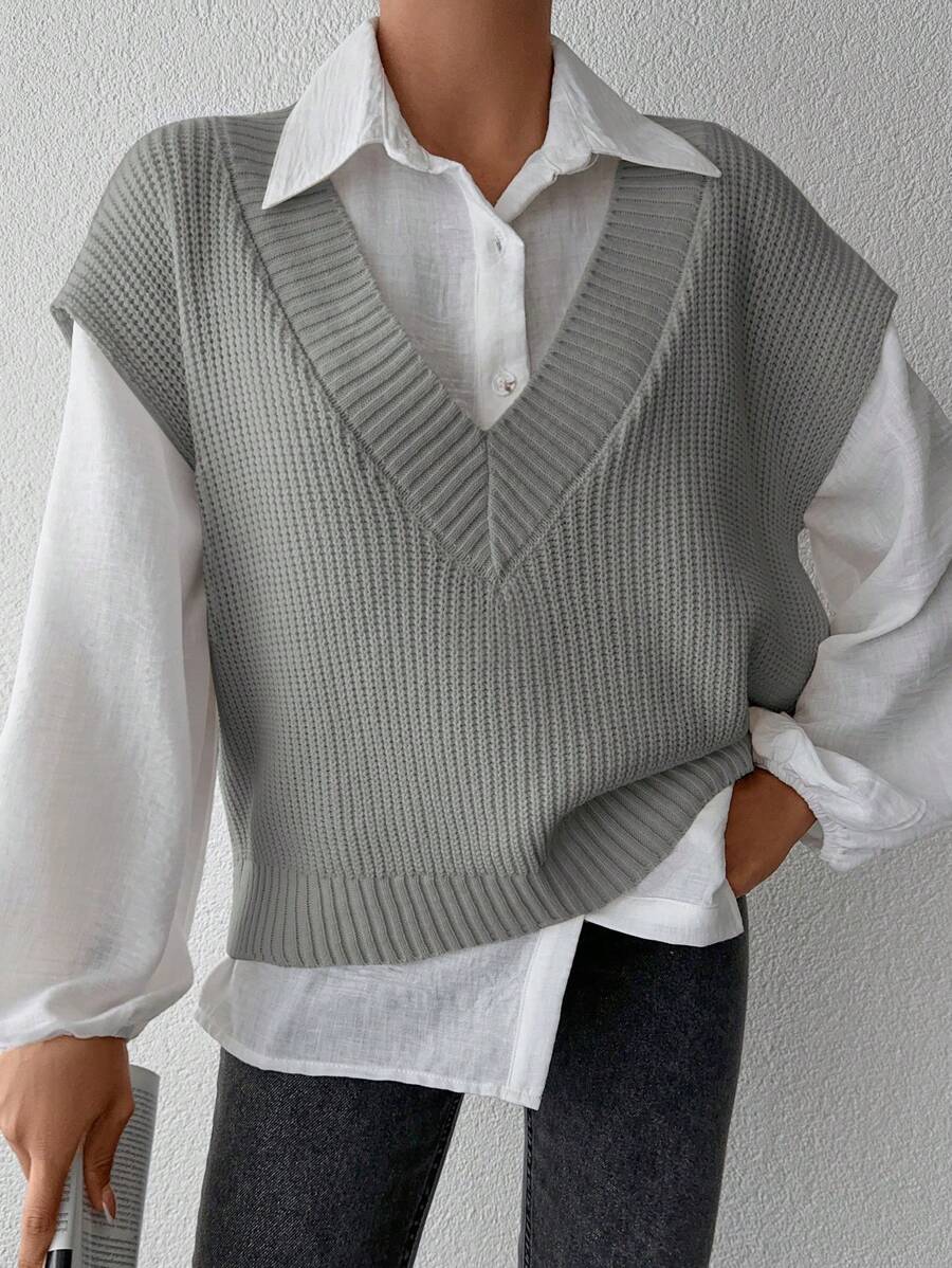 EURMUSE Chất rắn Cổ chữ V Áo len vest Không có áo sơ mi - Xám - Xem 1