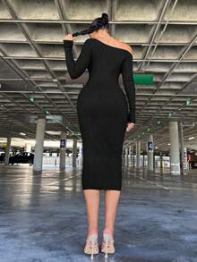 SHEIN SXY Oblique Shoulder Bodycon Women's Sweater Dress For Party - Black - View 2