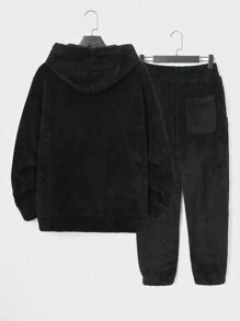 RueChic Nam Thêu Chữ Túi kangaroo Teddy Hoodie & Quần - màu đen - Xem 2