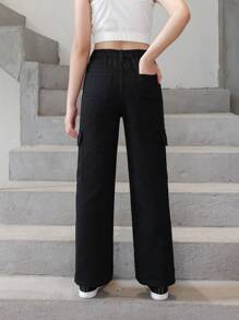 女大童側翻蓋口袋工裝牛仔褲 - 黑色 - 查看 2