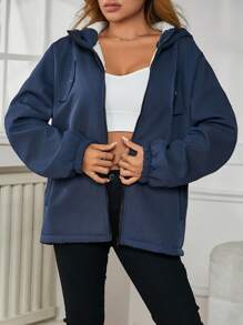 SHEIN Unity Dây kéo áo có mũ Lót Teddy áo - Màu xanh hải quân - Xem 5