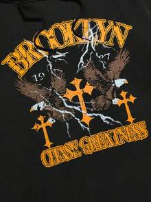 ROMWE MEN Goth 男士老鷹及字母圖案帶拉鍊連帽衫 - 黑色 - 查看 3