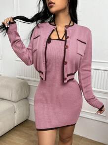 Chiquease Contrast Trim Cardigan & Bow Front Sweater Dress - Dusty Pink - View 1