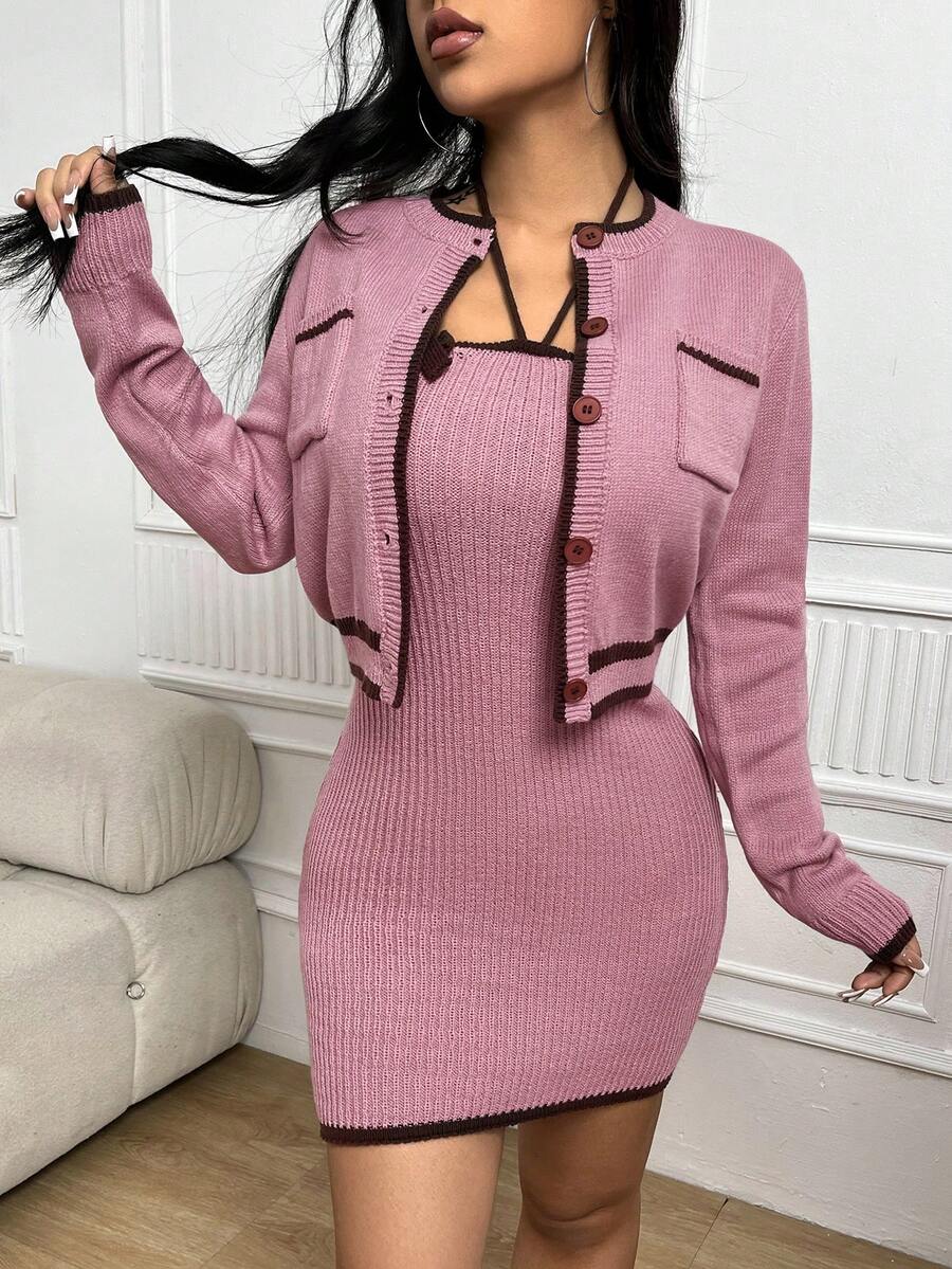 Chiquease Contrast Trim Cardigan & Bow Front Sweater Dress - Dusty Pink - View 1