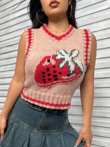 SHEIN Qutie 草莓圖案條紋飾邊毛衣背心不帶襯衫 - 粉色 - 查看 4