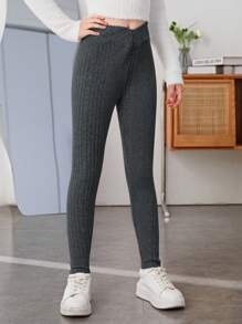 SHEIN Tween Girl High Waist Ribbed Knit Leggings - Dark Grey - View 3