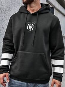 Manfinity Homme Men Plus Letter Graphic Kangaroo Pocket Drawstring Hooded Sweatshirt - Black - View 1