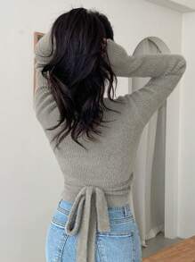 DAZY Solid Wrap Tie Side Crop Sweater - Dark Green - View 2