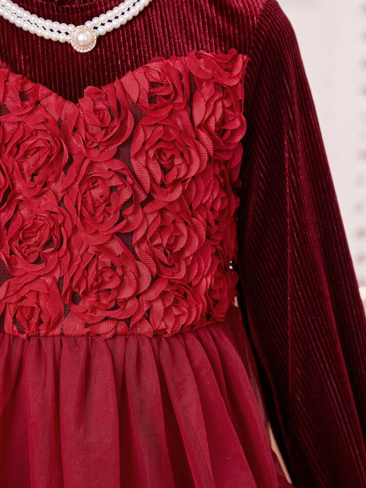 Girls' Woven Solid Color Stand Collar Mesh Net Dress