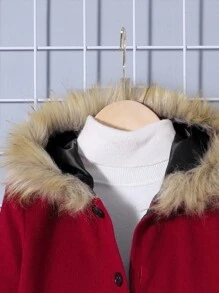 SHEIN Chico joven Abrigo ribete lanudo con capucha sin jersey - Rojo - Ver 5