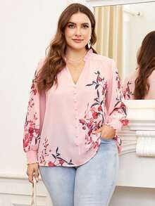 SHEIN Franclia Hơn In hoa Đường viền cổ có rãnh Tay áo lồng đèn Áo sơ mi - Nhiều màu - Xem 3