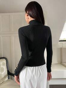 SHEIN Unity Chất rắn Chi tiết Nút Áo len Không có khăn - màu đen - Xem 2