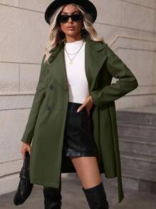 SHEIN Clasi 西裝領雙排釦腰帶花呢外套 - 軍綠色 - 查看 6