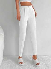 EURMUSE 97% Cotton Fold Pleated Detail Cropped Suit Pants - White - View 4
