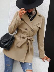 SHEIN Unity Double Breasted Belted Trench Coat - Khaki - View 1