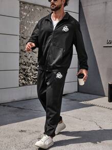 Manfinity Homme Men Plus Letter Graphic Zip Up Jacket & Sweatpants - Black - View 6