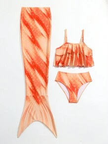 Young Girl Cute Mermaid Style Bikini Set 3pcs Set For Summer Summer Beach - Multicolor - View 7