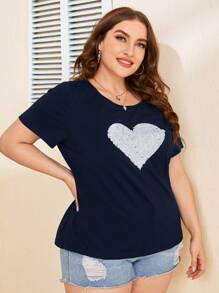 SHEIN Essnce Plus Heart Print Scoop Tee - Navy Blue - View 4