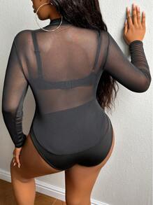 Slaydiva 大碼手掌圖案網紗連身背心不附帶內衣褲套裝 - 黑色 - 查看 4