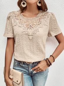 SHEIN Frenchy Guipure Lace Insert Eyelet Embroidery Blouse Summer Casual - Apricot - View 5