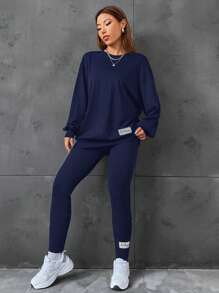 SHEIN EZwear Slogan Patched Drop Shoulder Sweatshirt & Leggings - Navy Blue - View 1