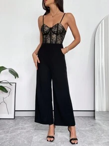 SHEIN Privé 蕾絲拼接吊帶連體褲 - 黑色 - 查看 5