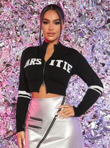 SHEIN PETITE Letter Pattern Zip Up Crop Cardigan - Black and White - View 4