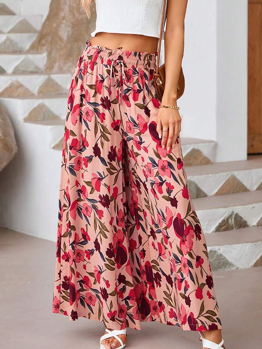 Floral Print Wide Leg Pants - Rose Red - View 1