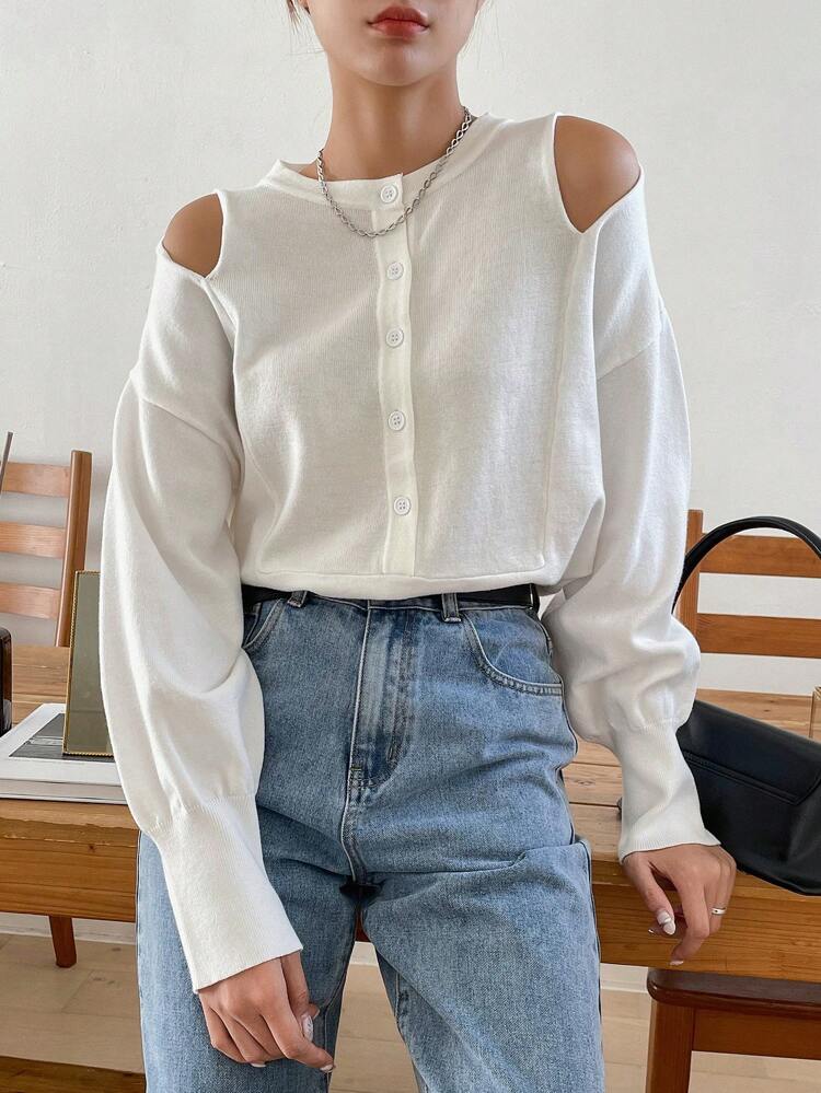 Solid Cut Out Button Detail Sweater Fall