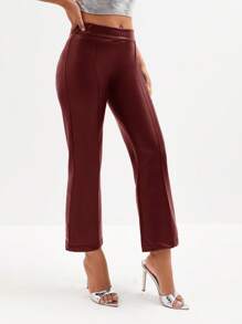 RueChic Solid Flare Leg Leather Look Pants - Coffee Brown - View 3