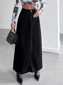 EURMUSE High Waist Slant Pocket Denim Skirt - Black - View 5