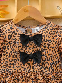 女嬰豹紋印花前蝴蝶結羊腿袖洋裝 - 彩色 - 查看 3