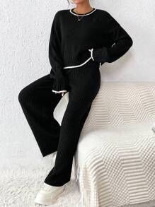 SHEIN LUNE Contrast Binding Drop Shoulder Sweater & Wide Leg Knit Pants - Black - View 4