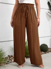 SHEIN LUNE Talla grande Pantalones de pierna ancha de cintura con volante - Marrón - Ver 5
