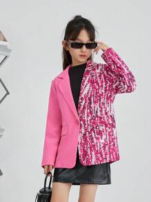 SHEIN 女大童1入組亮片拼接印花翻蓋細節西裝領外套 - 玫紅色 - 查看 1